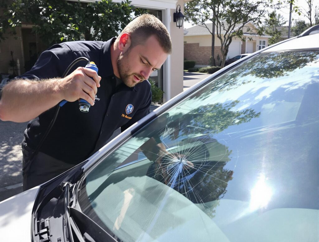 technician repairing a small crack in a car windshield using a resin injection tool. 