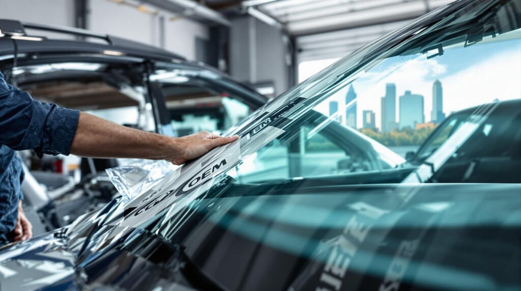 windshield being installed on a car, with packaging marked OEM