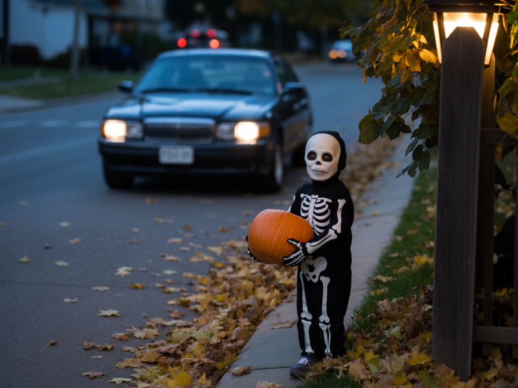  suburban street on Halloween night