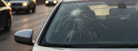 Cracked windshield damage. Driving laws, state legal limits explained for car safety.