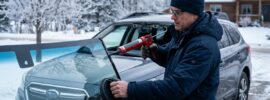 Auto glass technician applying urethane adhesive sealant to a car windshield during cold winter curing.