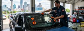 Dallas auto glass technician performing a car windshield replacement service in a local repair shop.